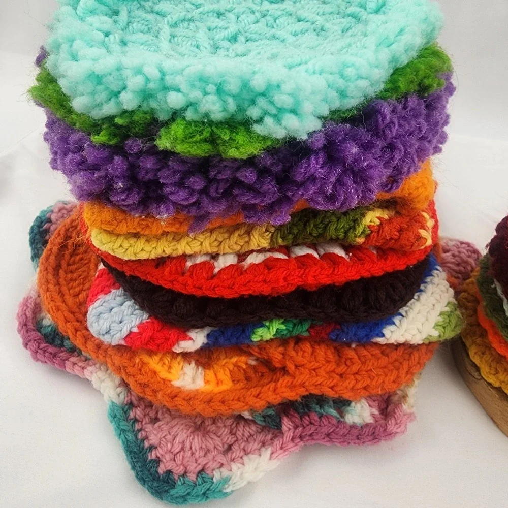 Vintage Handmade Crocheted Lot of 10 Hot‎ Pads Pot Holders 8 Coasters With Stand